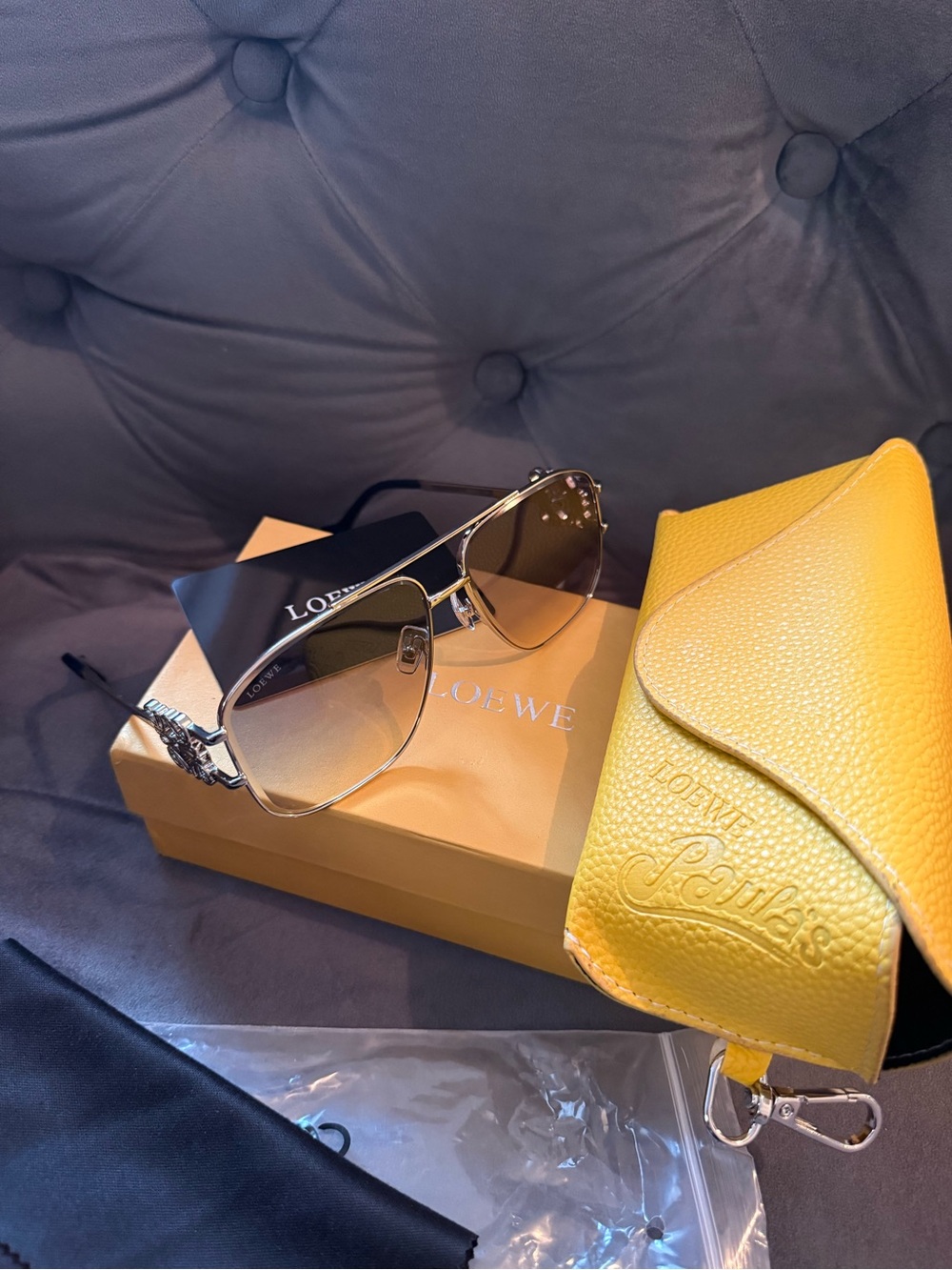 Loewe Yellow Leather Sunglasses Case with Silver Frame Gradient Lenses